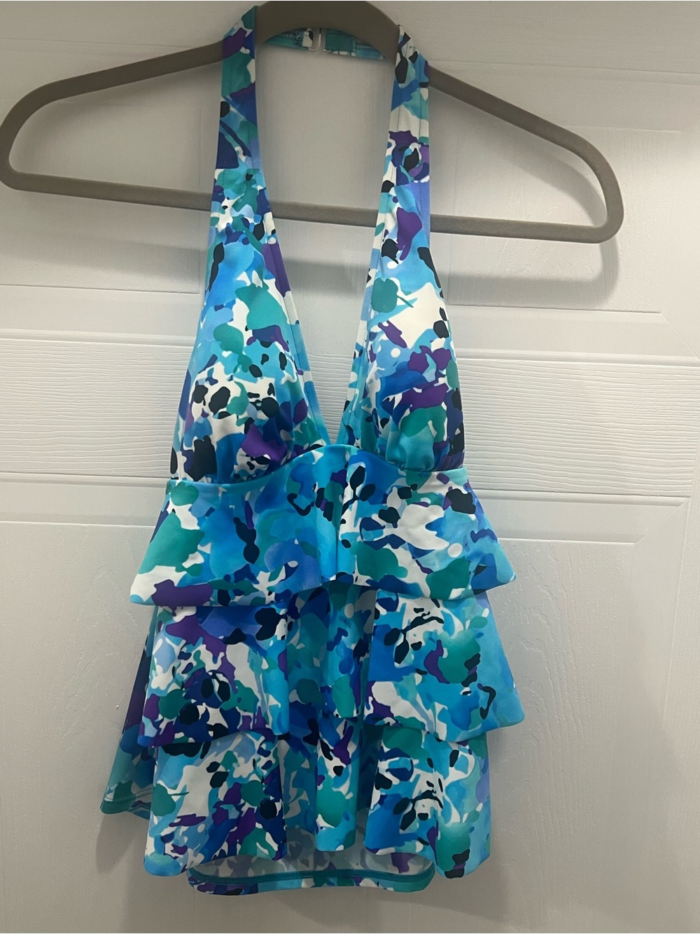 Caribbean Joe Blue Patterned Tiered Halter Tankini Swim Top Size 12